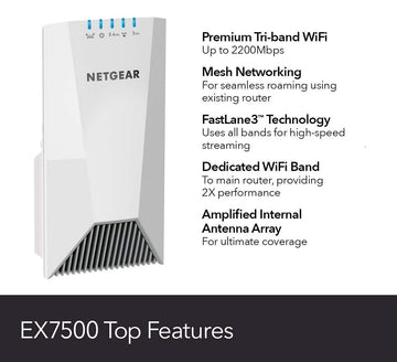 NETGEAR Nighthawk® X4S Tri-Band WiFi Mesh Range Extender (EX7500-100NAS), AC2200 Wireless Signal Booster & Repeater up to 2200Mbps Speed + Mesh Smart Roaming, 2.2Gbps Wall-plug Internal Antennas (Container Product Without Box) - Imported from UK